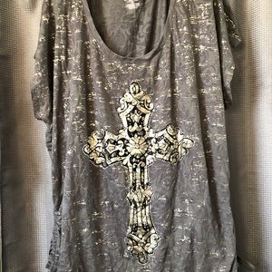 Lane Bryant gray dolman sleeve side-rouched t-shirt with embellished cross.